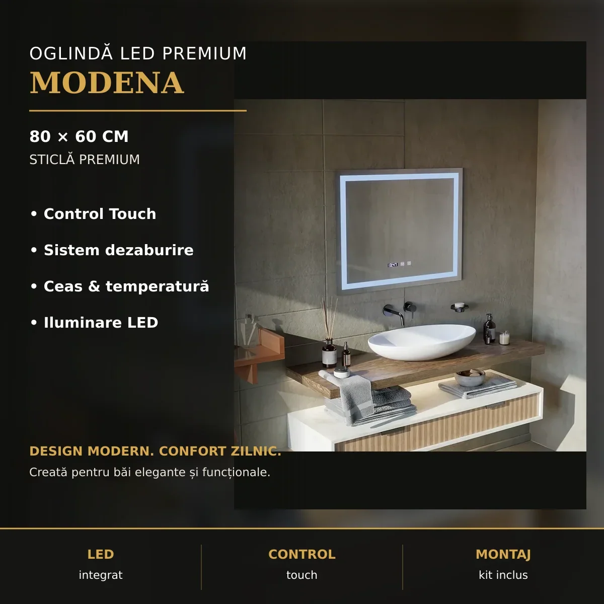 Oglindă LED Modena 80x60 cm – imagine premium