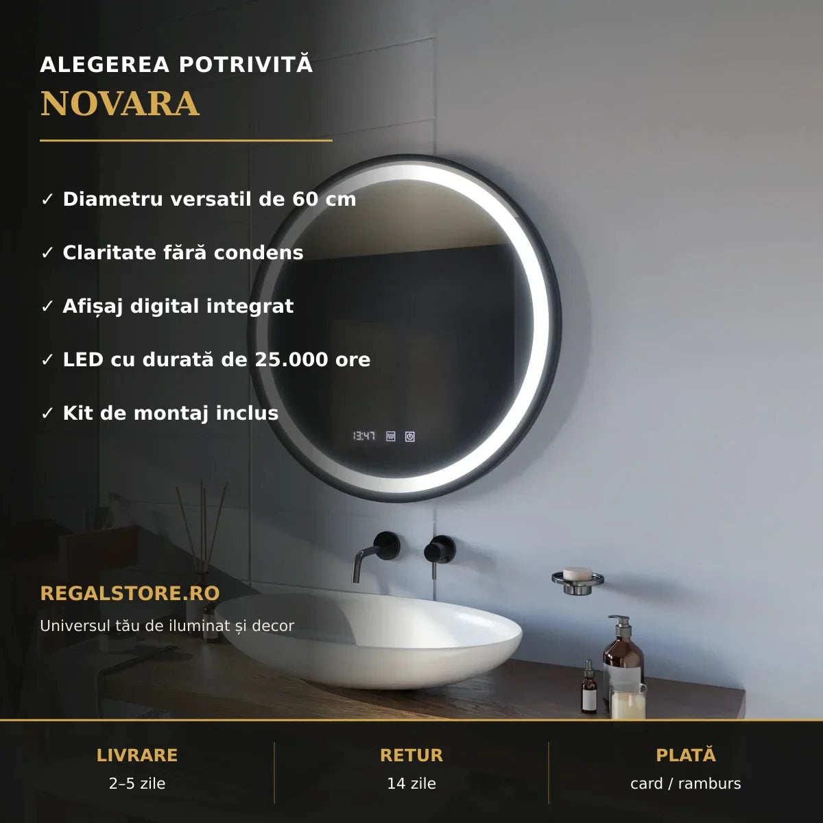 Oglindă LED NOVARA Ø60 cm – beneficii principale