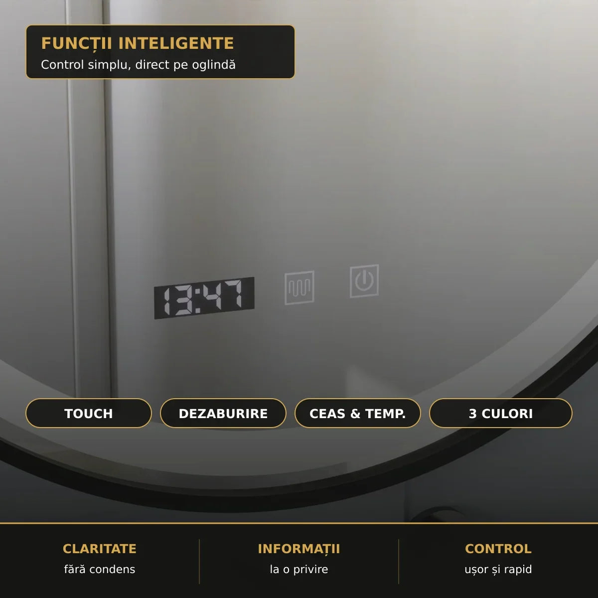 Oglindă LED NOVARA Ø60 cm – funcții inteligente