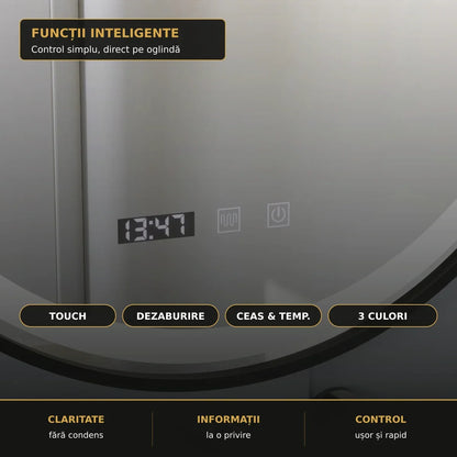 Oglindă LED NOVARA Ø60 cm – funcții inteligente