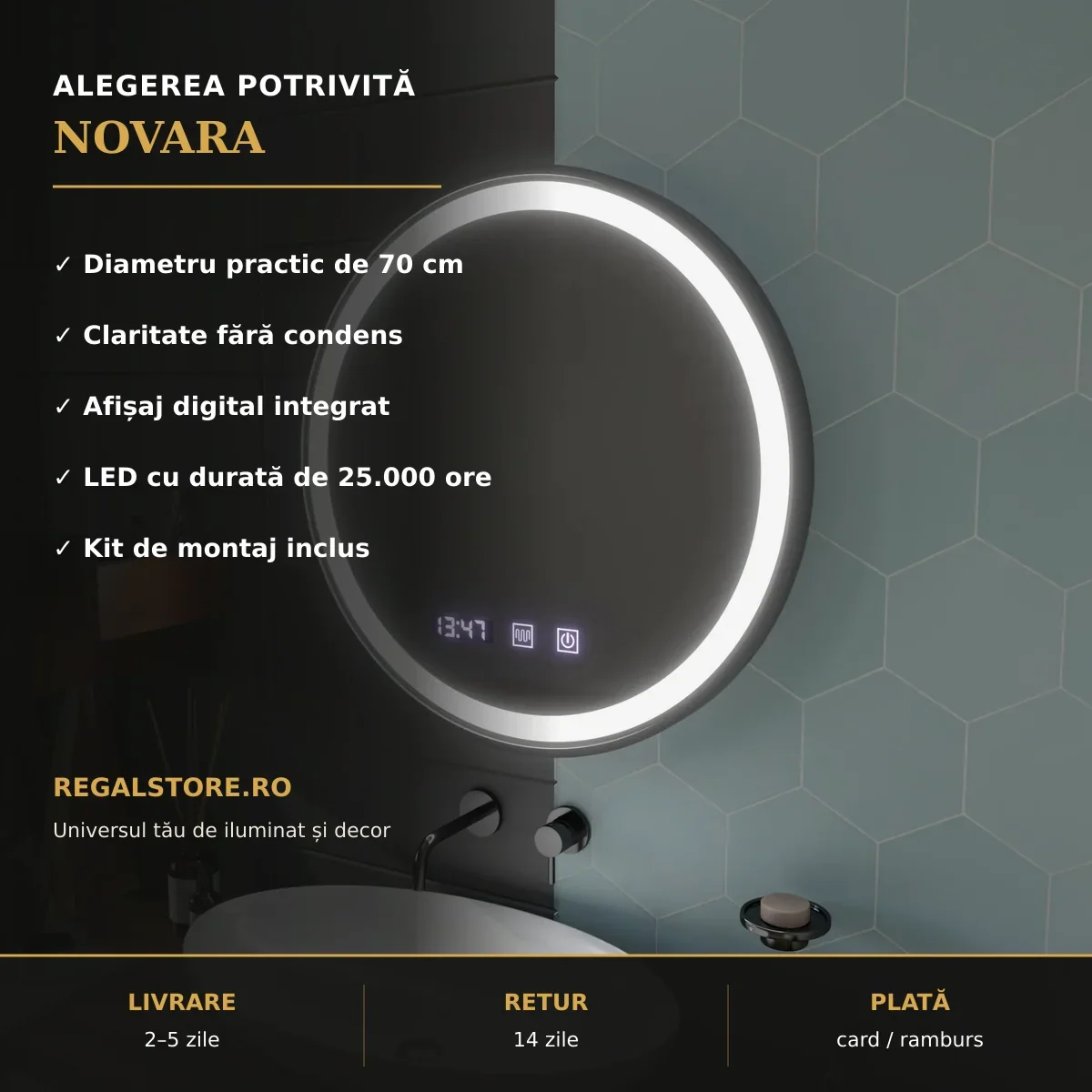 Oglindă LED NOVARA Ø70 cm – beneficii principale