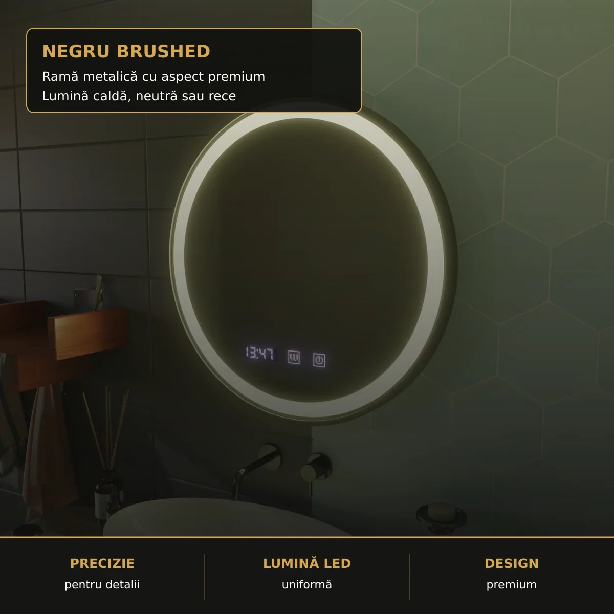 Oglindă LED NOVARA Ø70 cm – detaliu premium