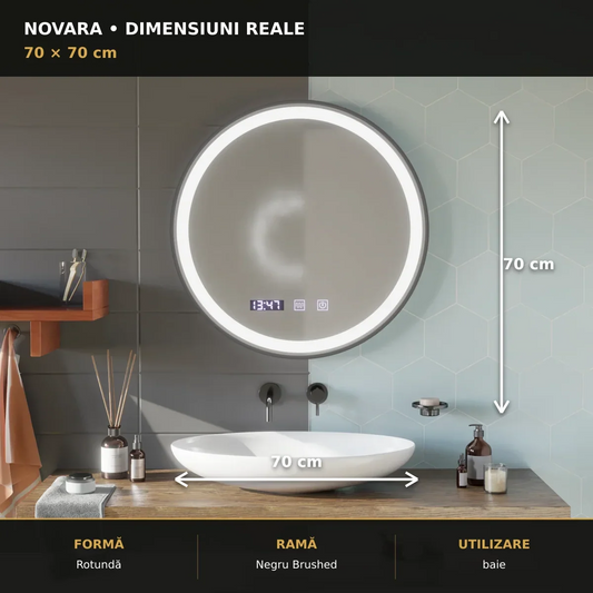 Oglindă LED NOVARA Ø70 cm – dimensiuni și format