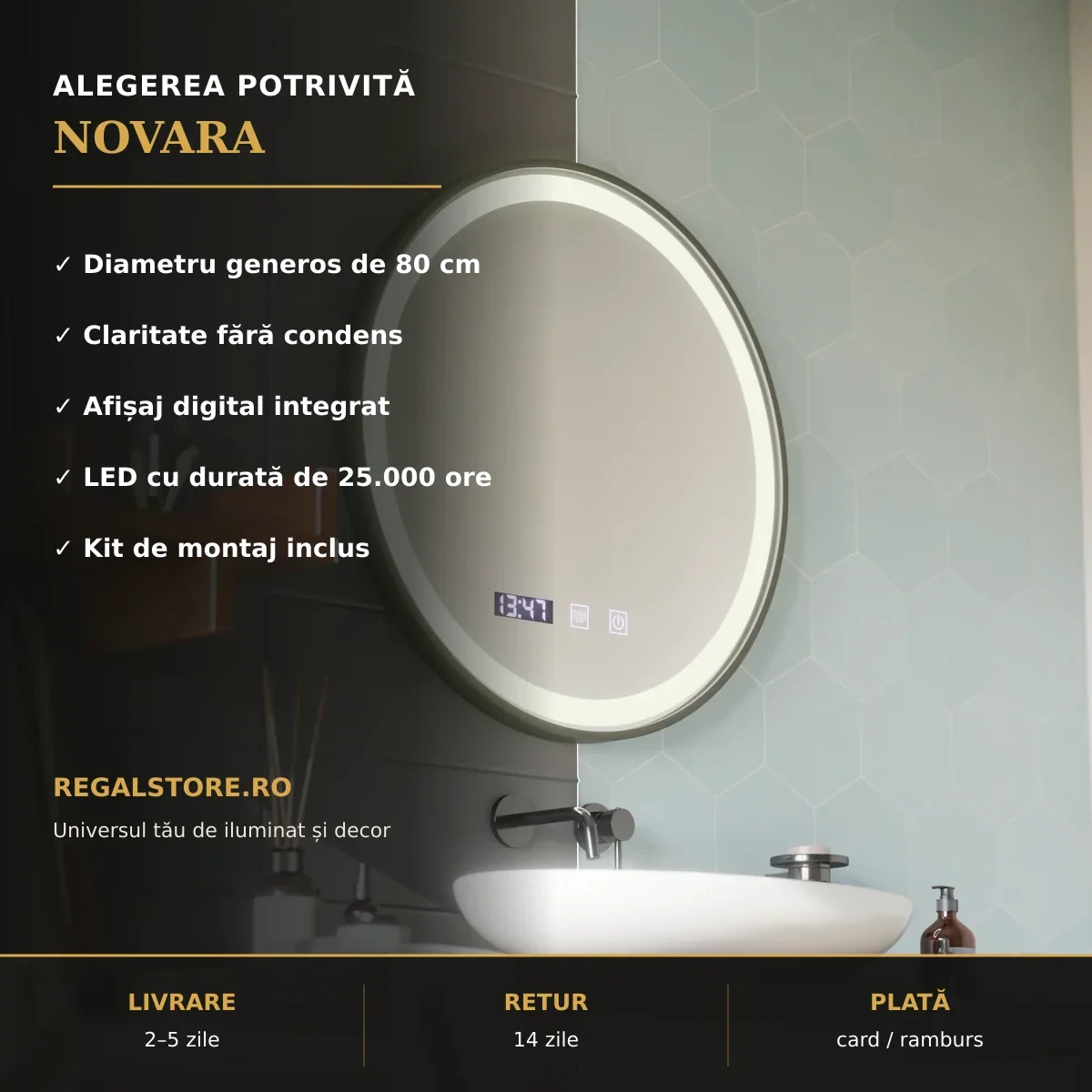Oglindă LED NOVARA Ø80 cm – beneficii principale