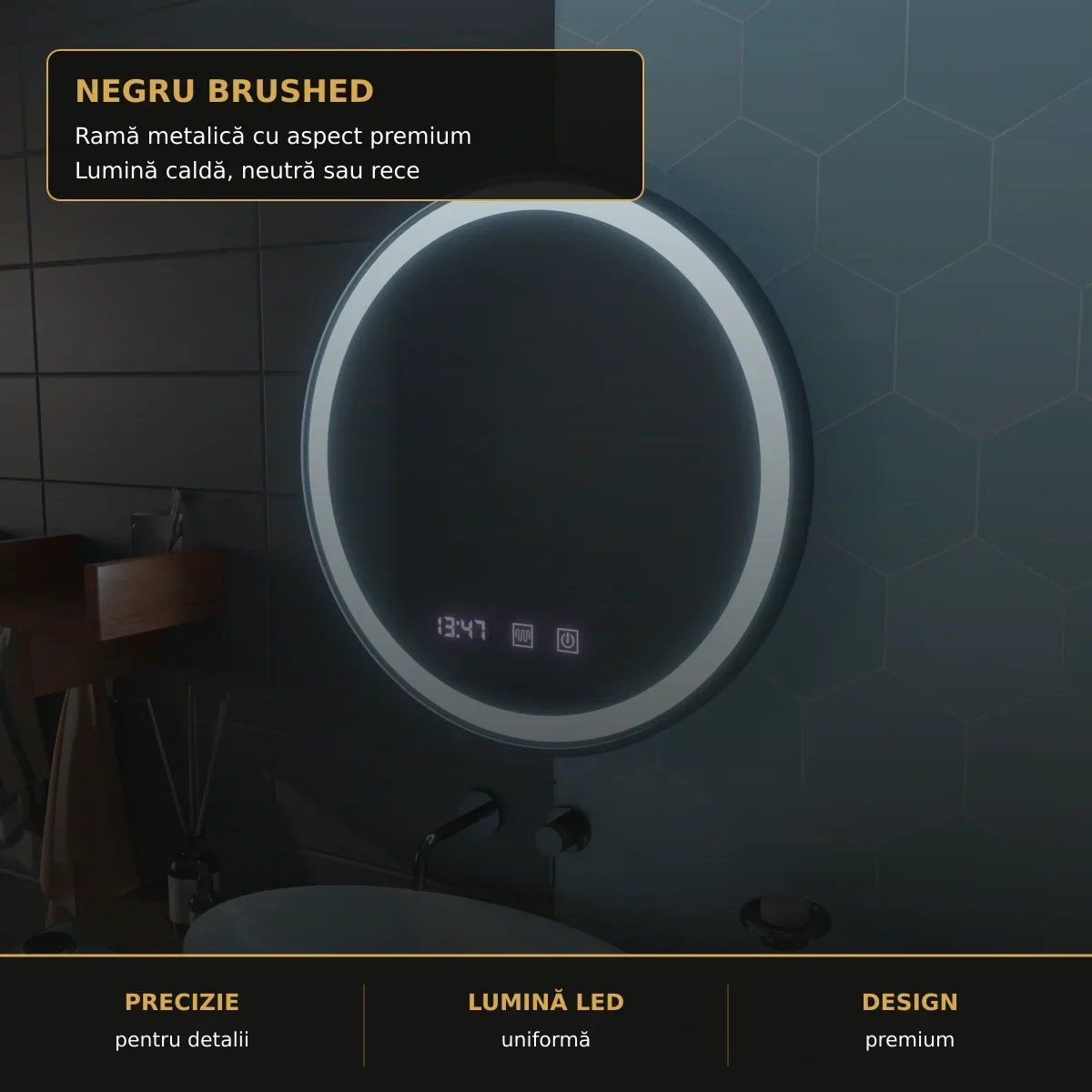 Oglindă LED NOVARA Ø80 cm – detaliu premium