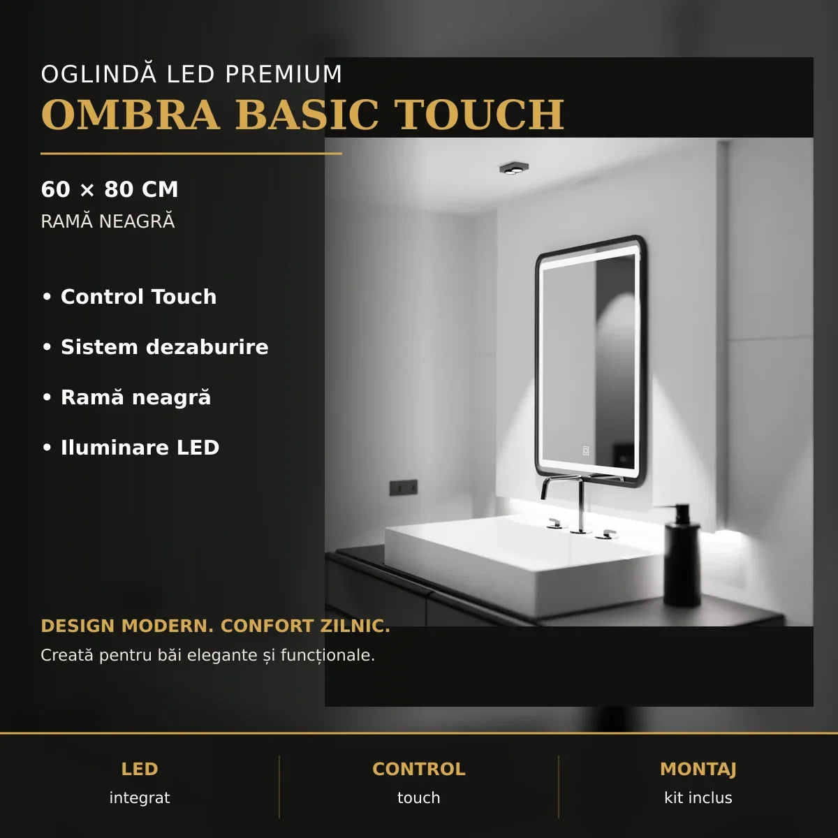 Oglindă LED Ombra Basic Touch 60x80 cm – imagine premium
