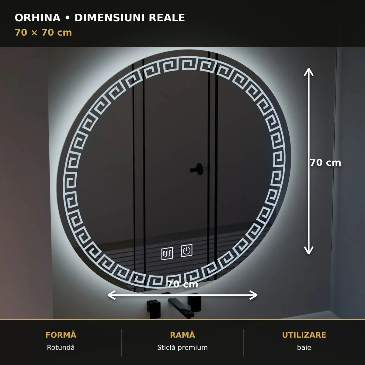 Oglindă LED Orhina Ø70 cm – dimensiuni și format