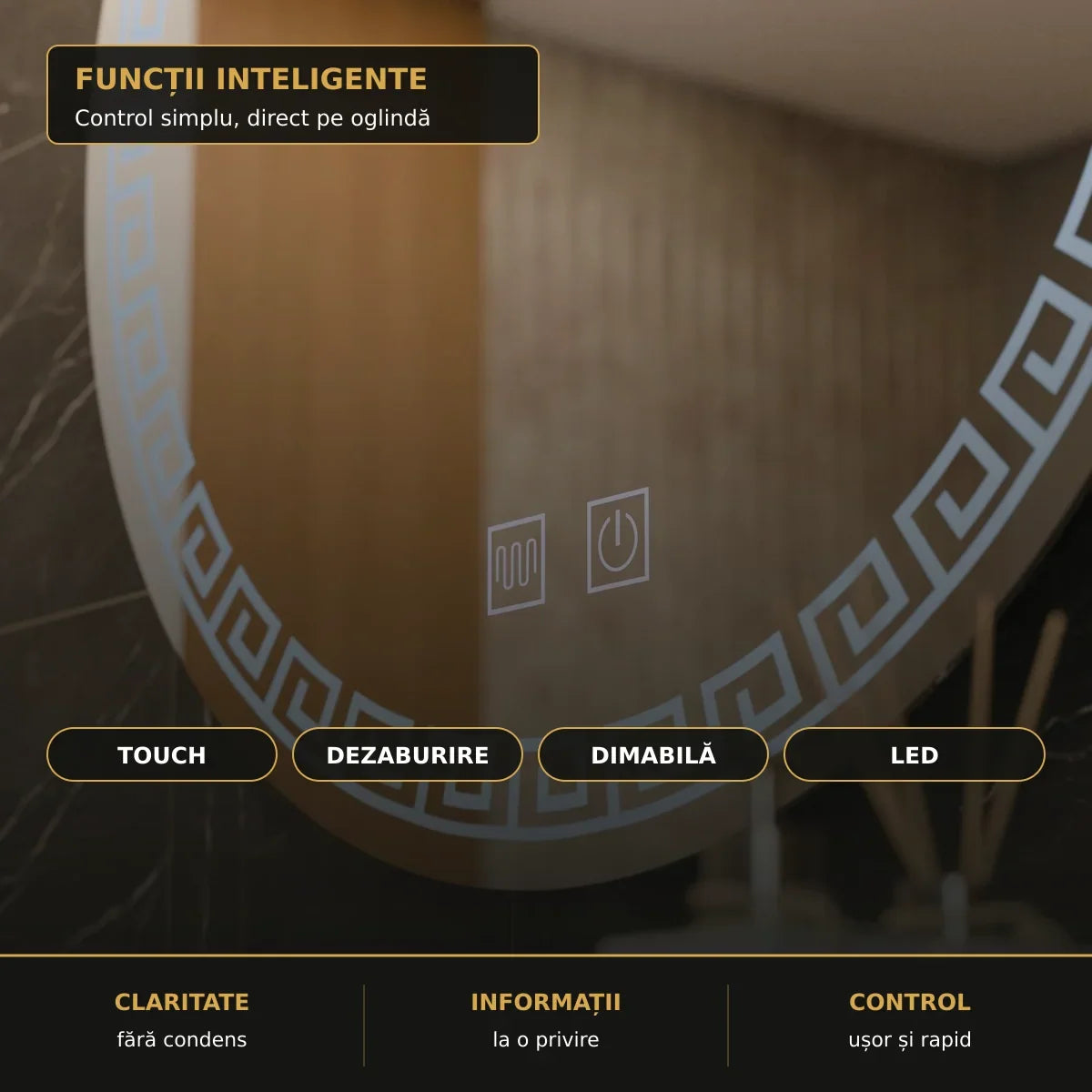 Oglindă LED Orhina Ø70 cm – funcții inteligente