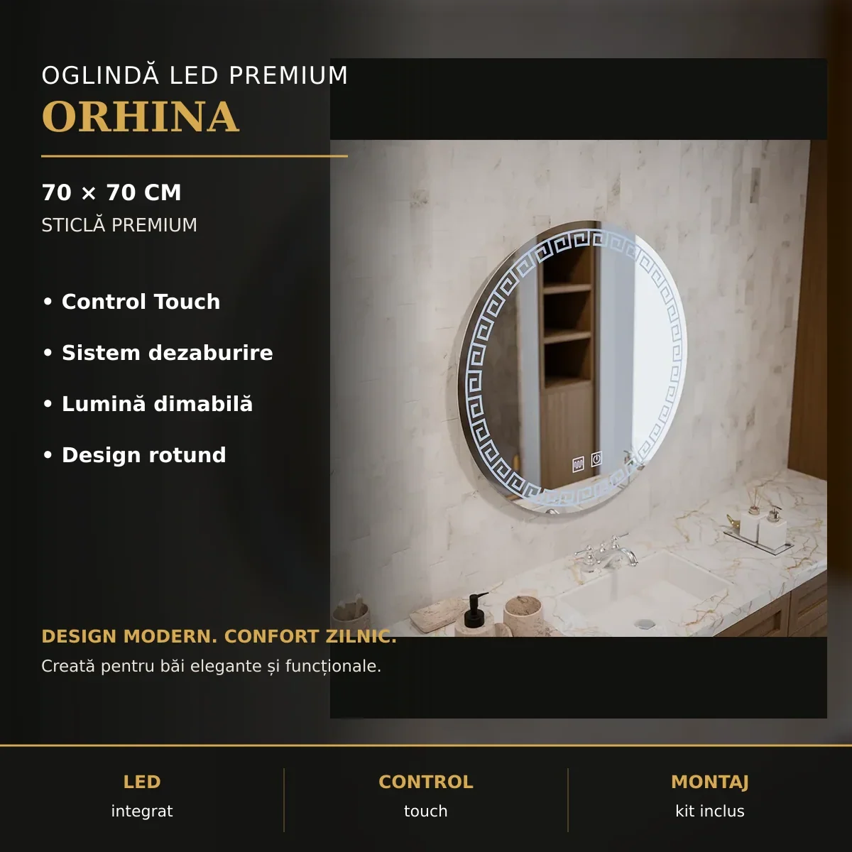 Oglindă LED Orhina Ø70 cm – imagine premium