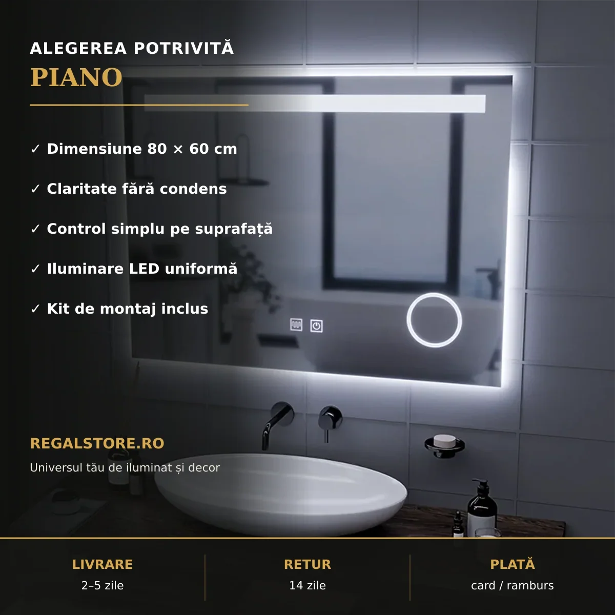 Oglindă LED Piano 80x60 cm – beneficii principale