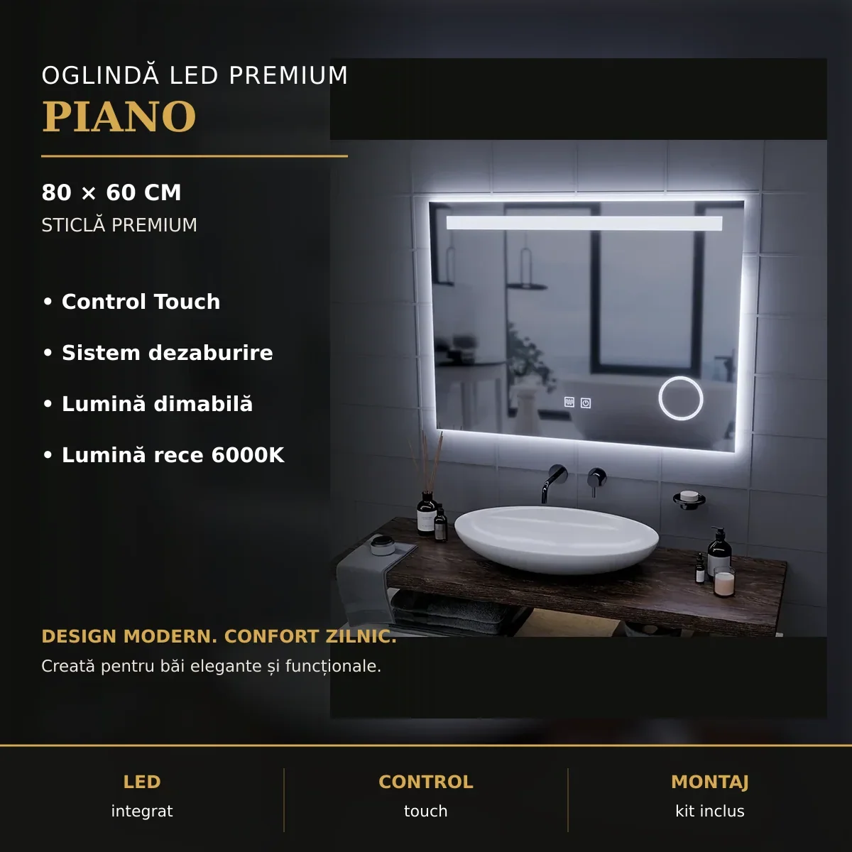 Oglindă LED Piano 80x60 cm – imagine premium