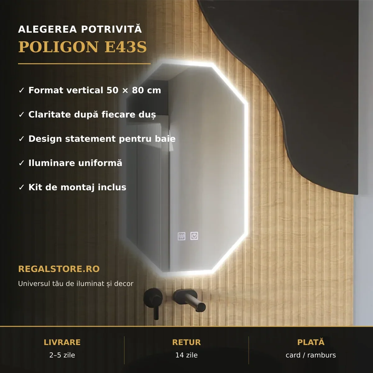 Oglindă LED Poligon E43S 50x80 cm – beneficii principale