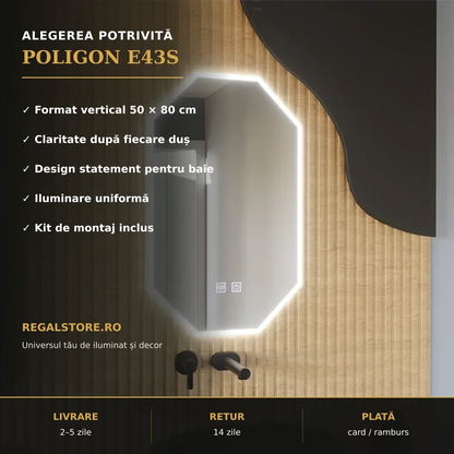 Oglindă LED Poligon E43S 50x80 cm – beneficii principale