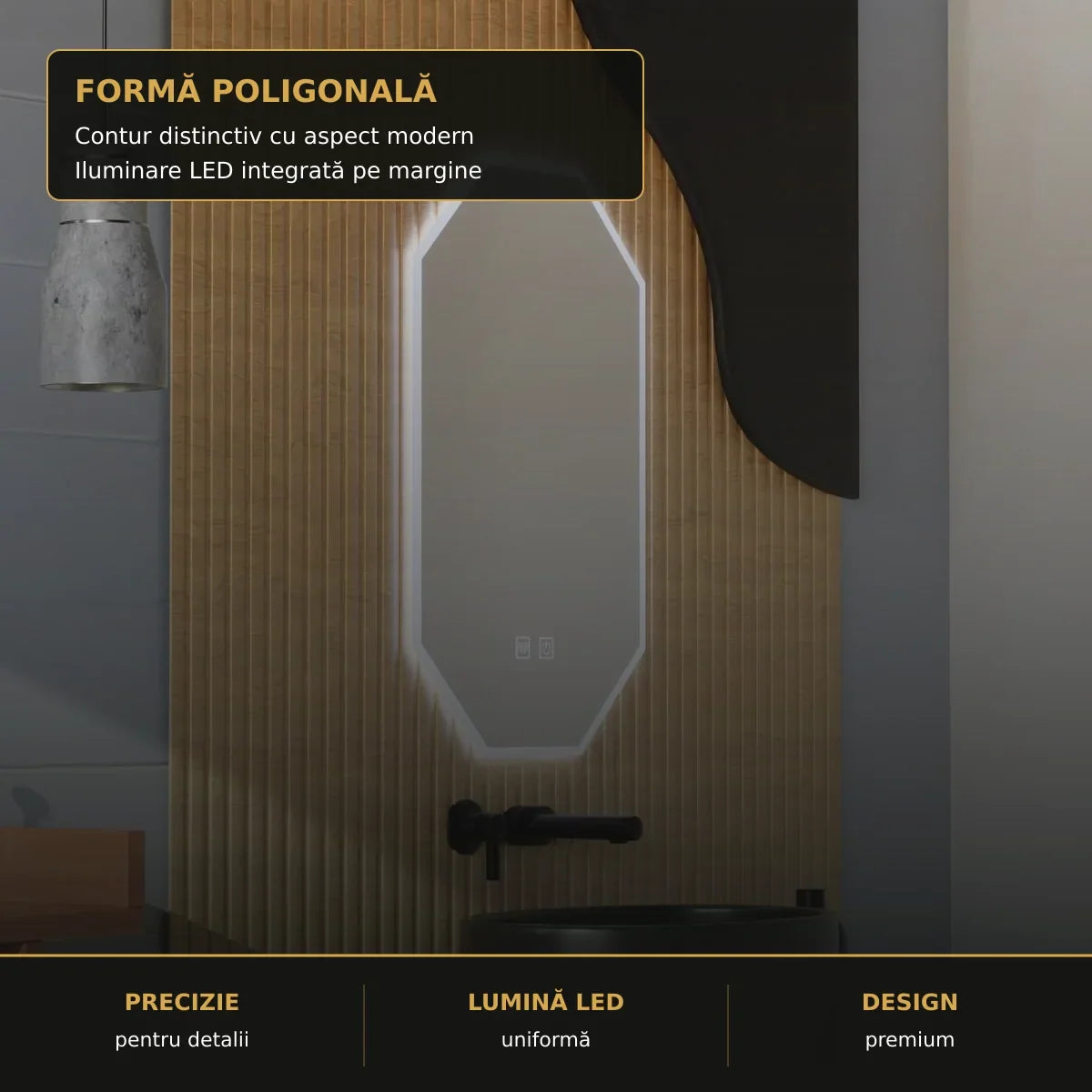 Oglindă LED Poligon E43S 50x80 cm – detaliu premium
