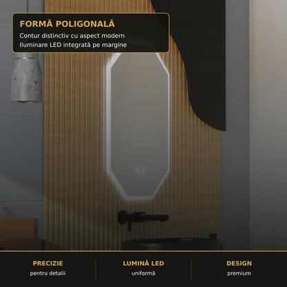 Oglindă LED Poligon E43S 50x80 cm – detaliu premium