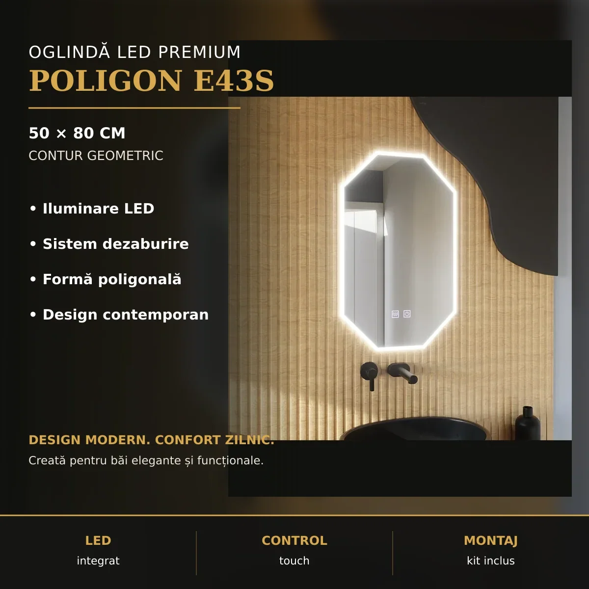 Oglindă LED Poligon E43S 50x80 cm – imagine premium
