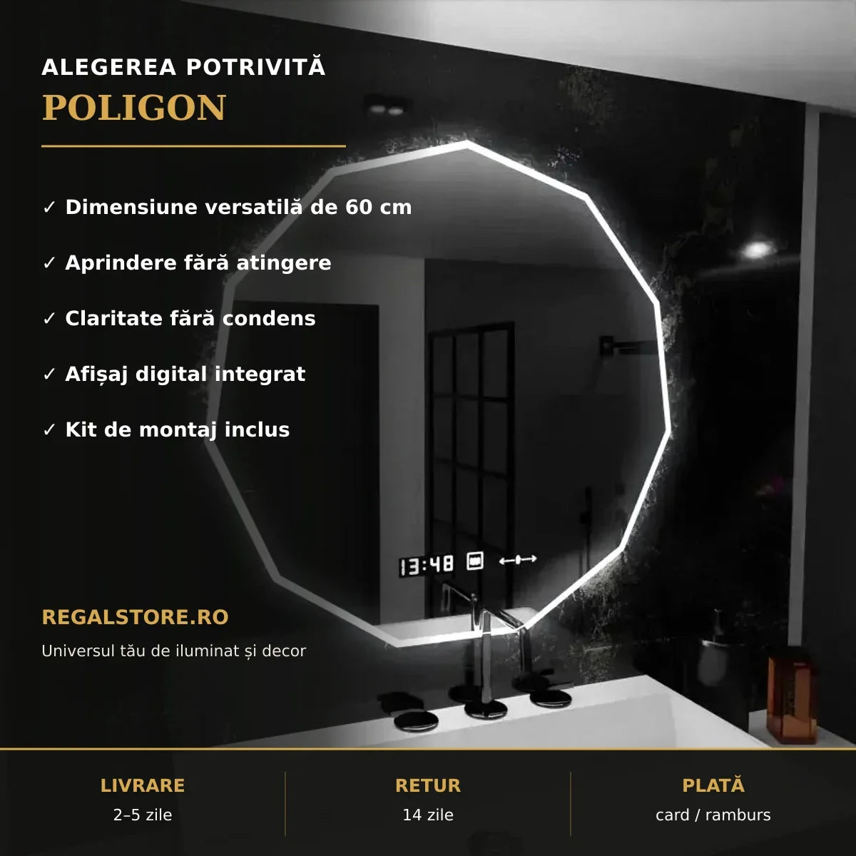 Oglindă LED POLIGON 60x60 cm – beneficii principale