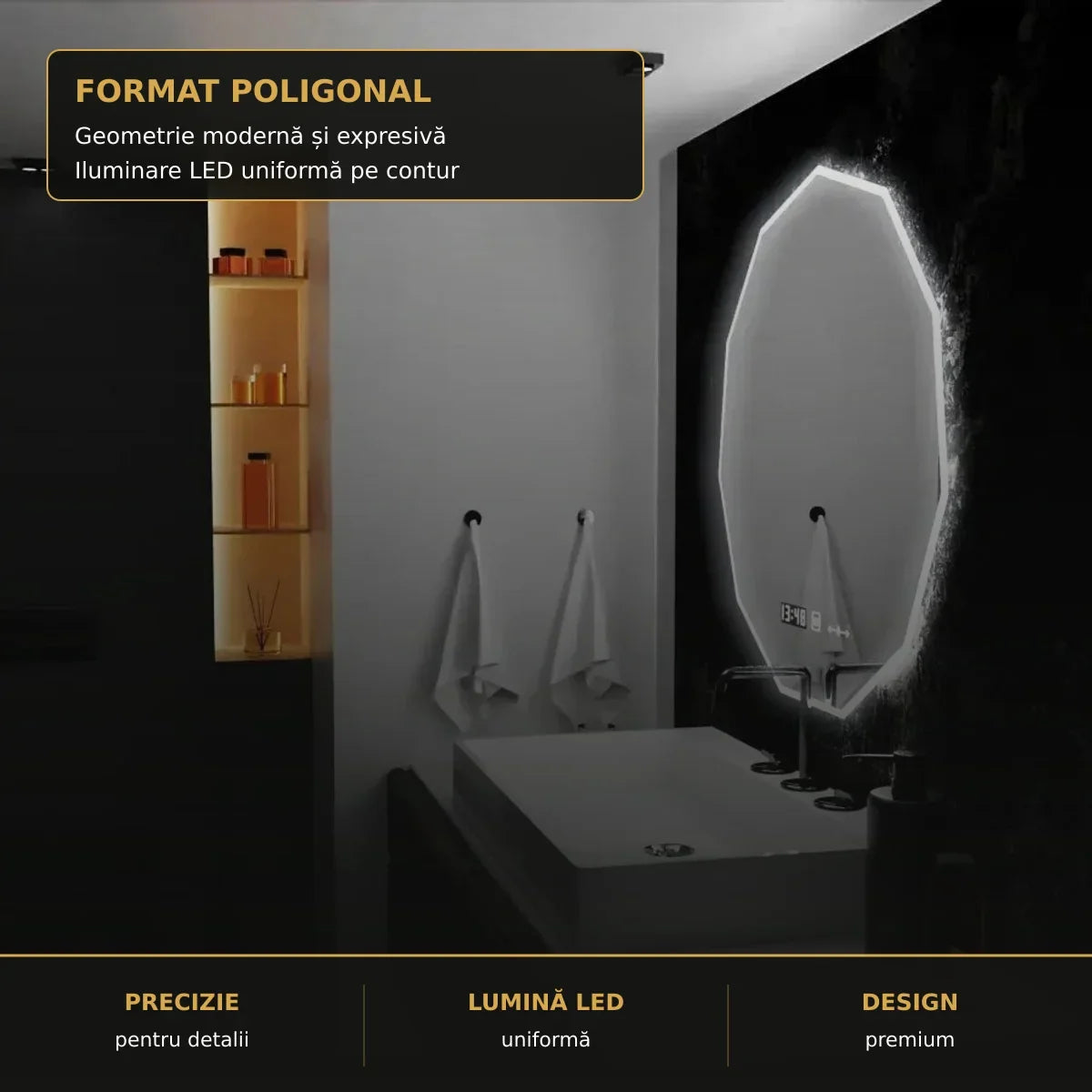 Oglindă LED POLIGON 60x60 cm – detaliu premium