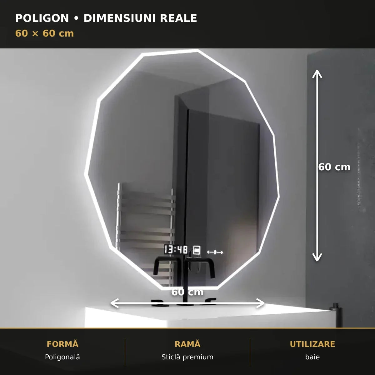 Oglindă LED POLIGON 60x60 cm – dimensiuni și format