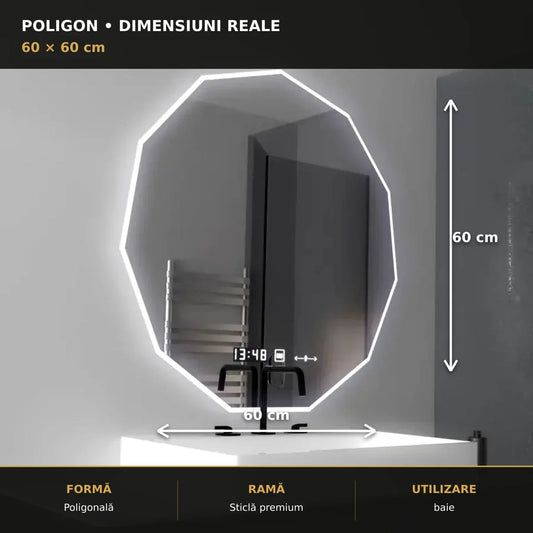 Oglindă LED POLIGON 60x60 cm – dimensiuni și format