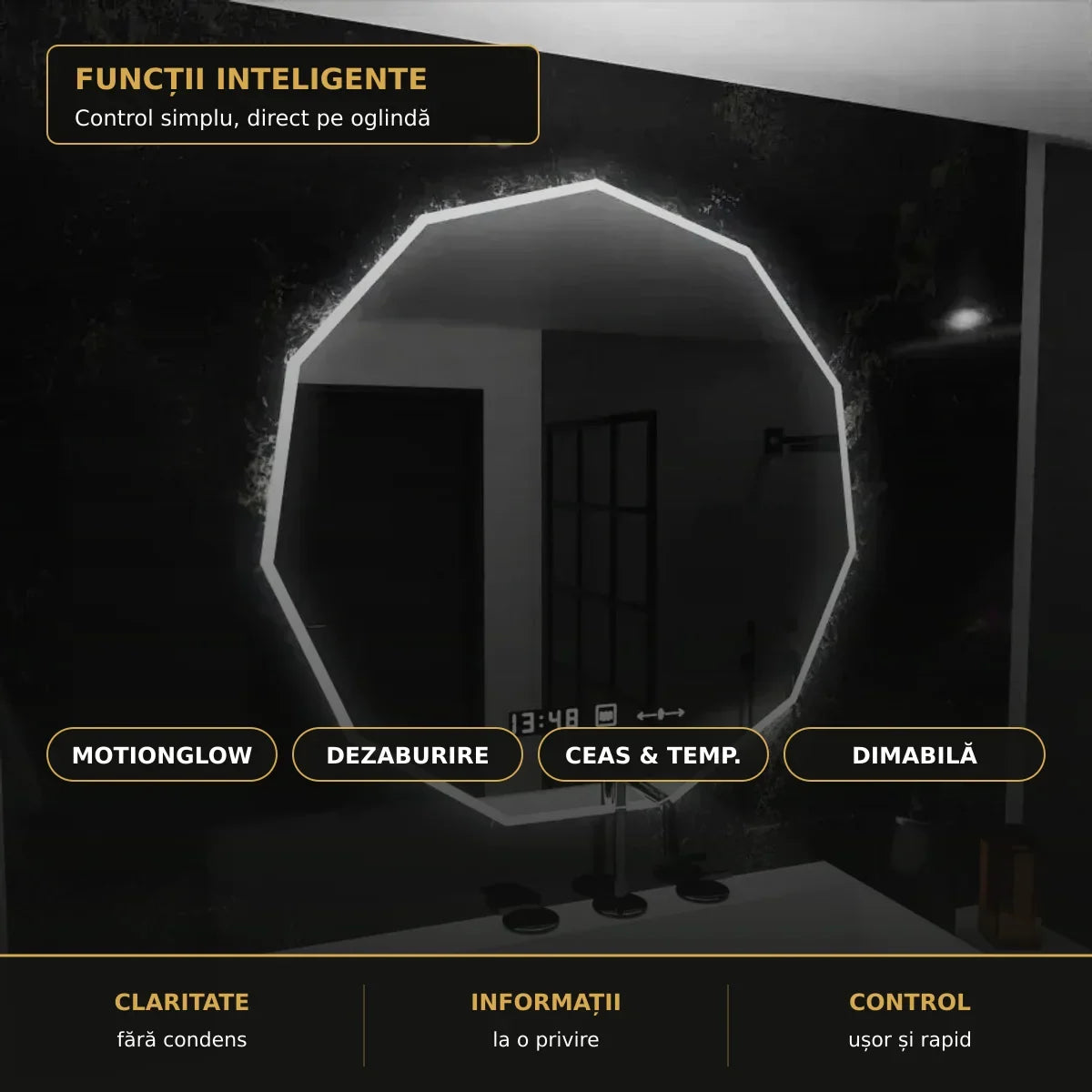 Oglindă LED POLIGON 60x60 cm – funcții inteligente