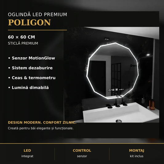 Oglindă LED POLIGON 60x60 cm – imagine premium