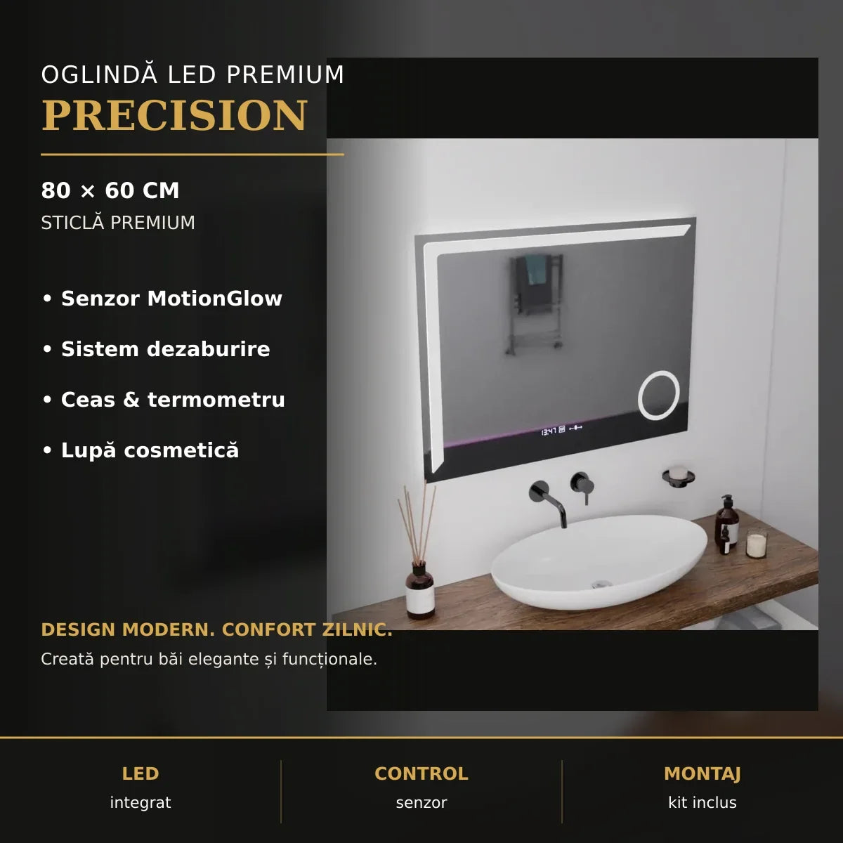 Oglindă LED Precision 80x60 cm – imagine premium