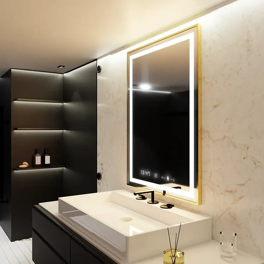Oglinda LED Rectangulara 75x90 Verite Royale Gold MotionGlow Marcello, Sistem Dezaburire, Termometru si Ceas, Dimabila
