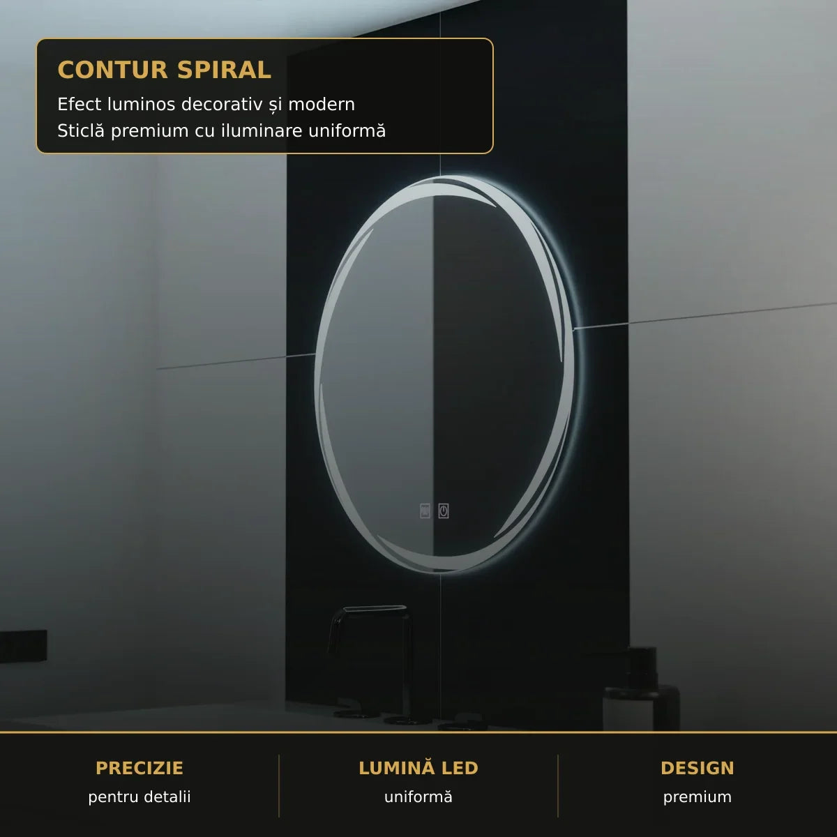 Oglindă LED Spirallus Ø60 cm – detaliu premium