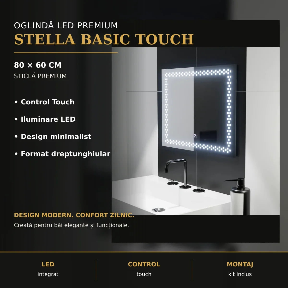 Oglindă LED Stella Basic Touch 80x60 cm – imagine premium