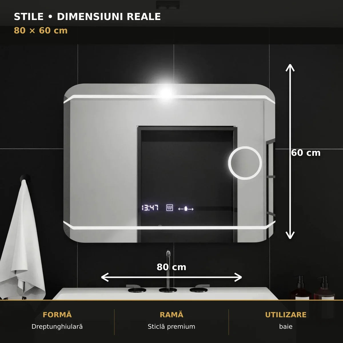 Oglindă LED Stile 80x60 cm – dimensiuni și format