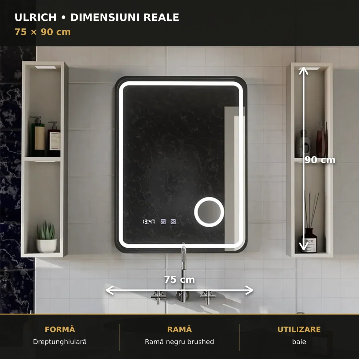 Dimensiuni oglindă LED Ulrich 75x90 cm