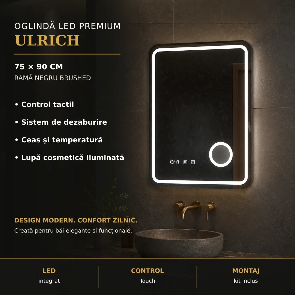 Oglindă LED Ulrich 75x90 cm negru brushed – imagine premium