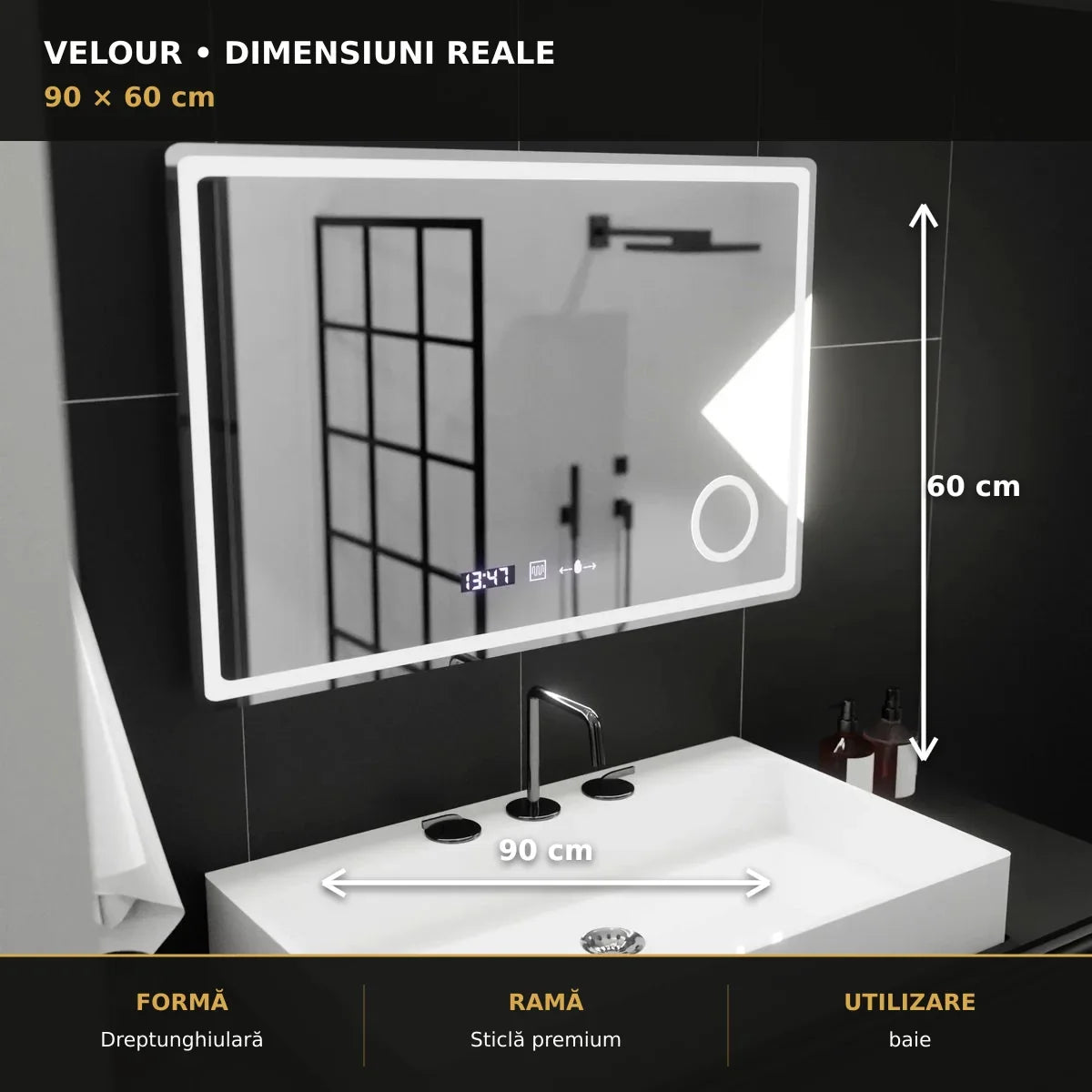 Oglindă LED Velour 90x60 cm – dimensiuni și format