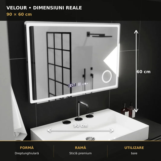 Oglindă LED Velour 90x60 cm – dimensiuni și format