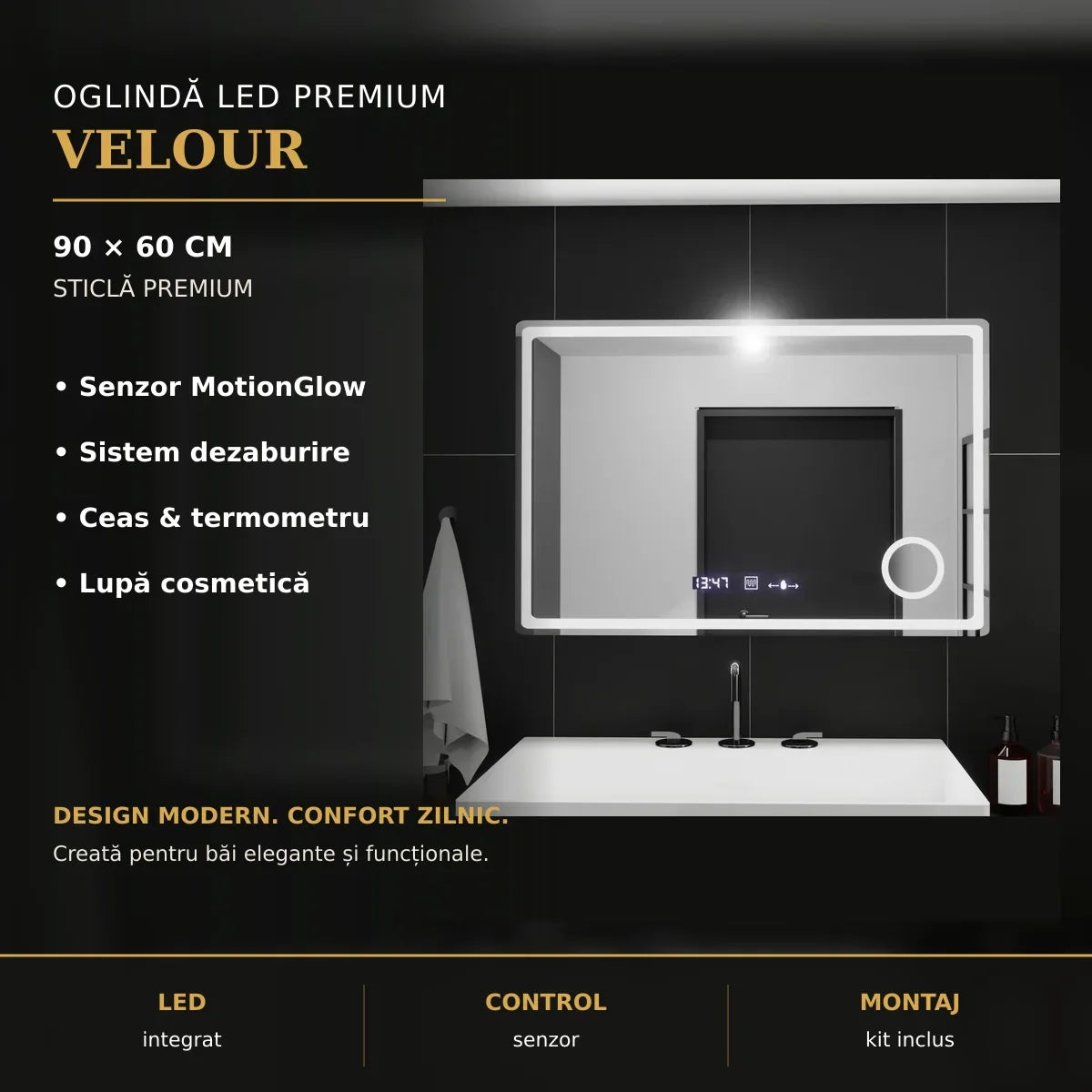 Oglindă LED Velour 90x60 cm – imagine premium