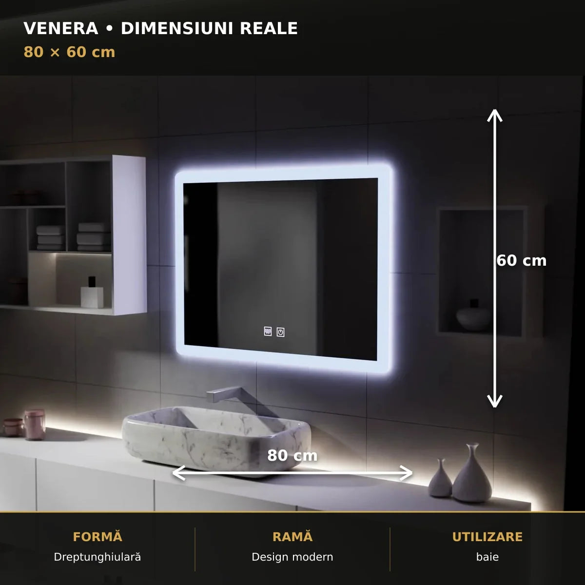 Dimensiuni oglindă LED VENERA 80x60 cm