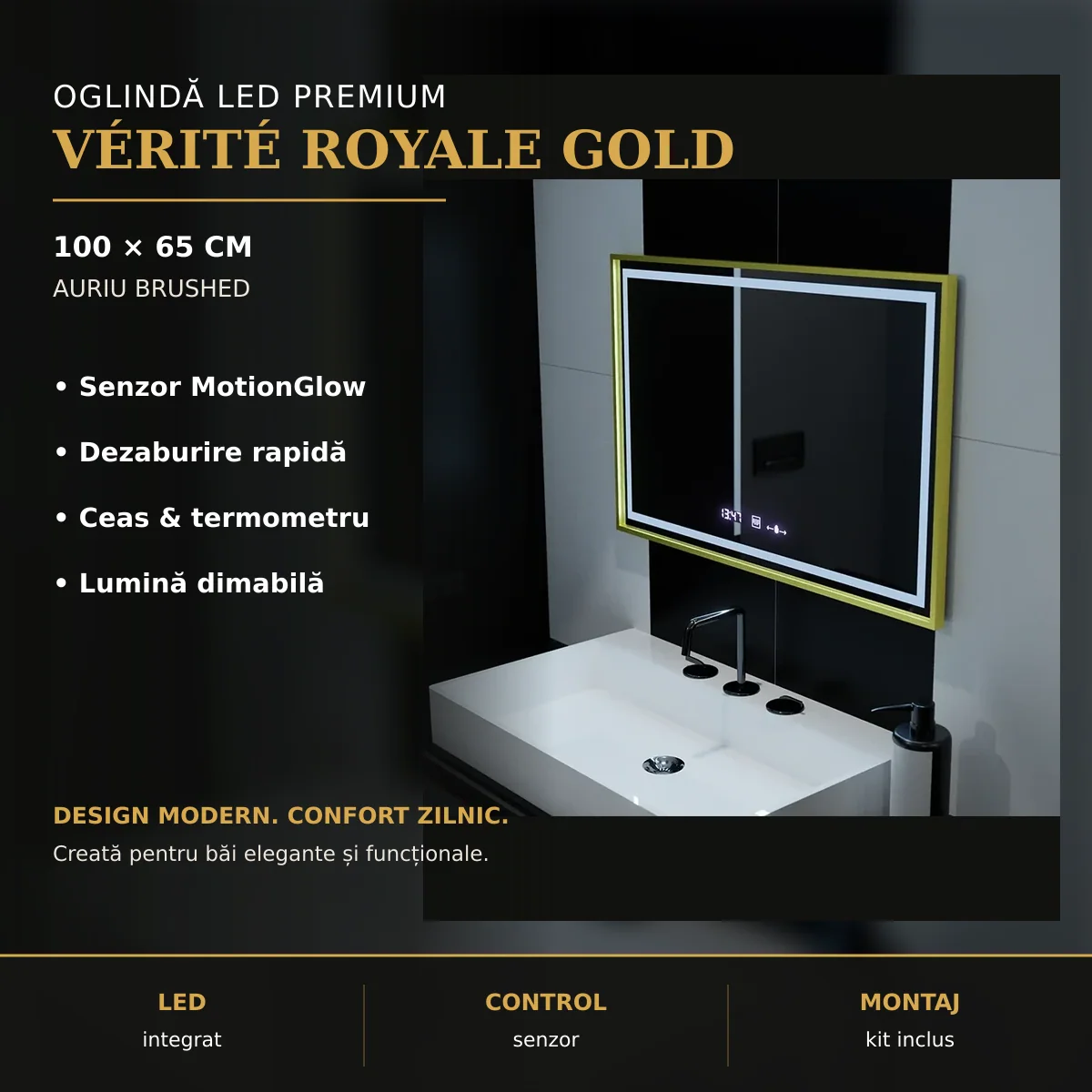 Oglindă LED Vérité Royale Gold 100x65 cm – imagine premium