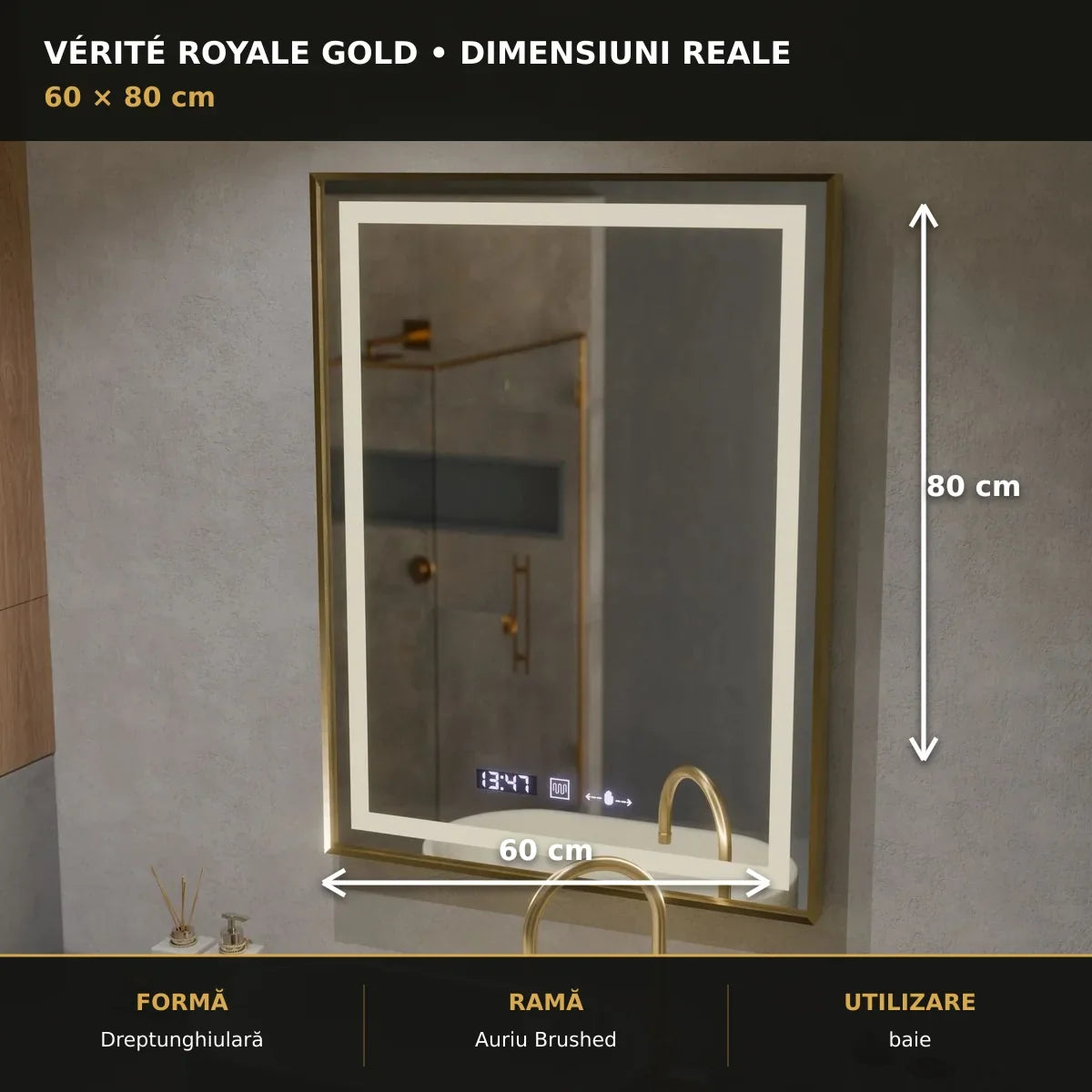 Oglindă LED Vérité Royale Gold 60x80 cm – dimensiuni și format