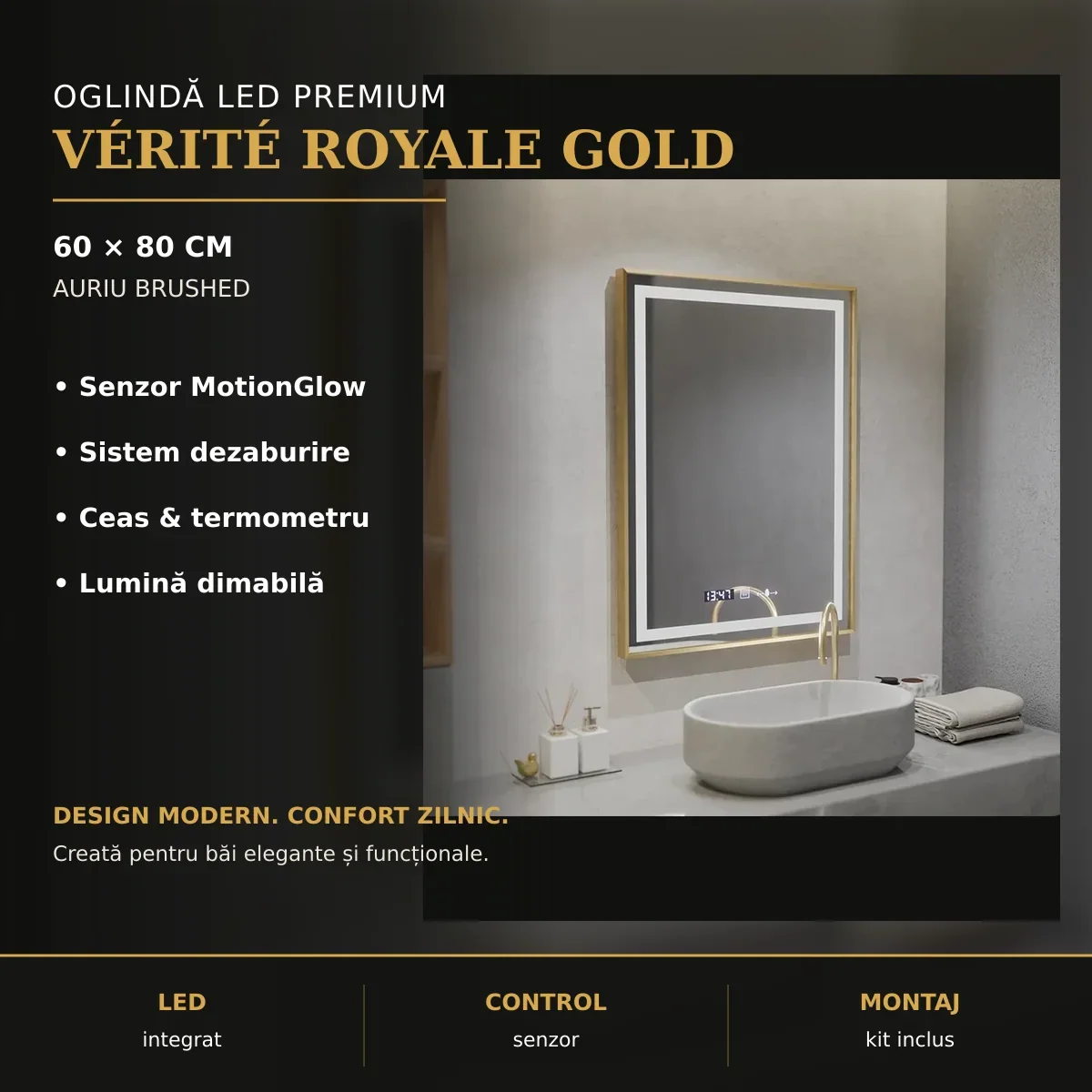 Oglindă LED Vérité Royale Gold 60x80 cm – imagine premium