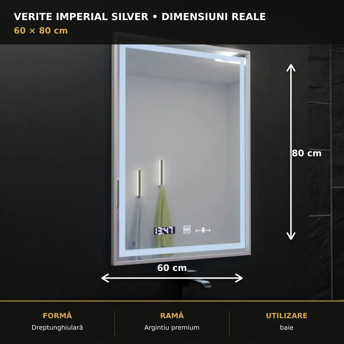 Oglindă LED Verite Imperial Silver 60x80 cm – dimensiuni și format