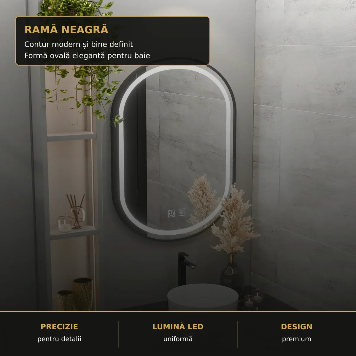 Oglindă LED VETRO 50x80 cm – detaliu premium