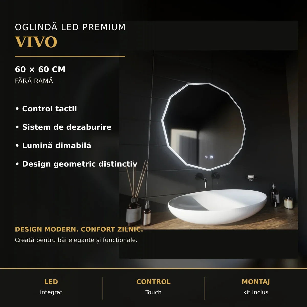 Oglindă LED VIVO Ø60 cm – imagine premium