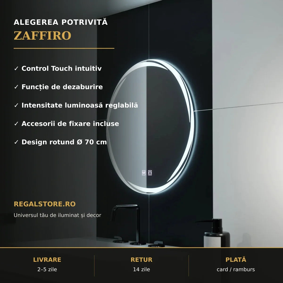 Beneficii oglindă LED Zaffiro Ø70 cm