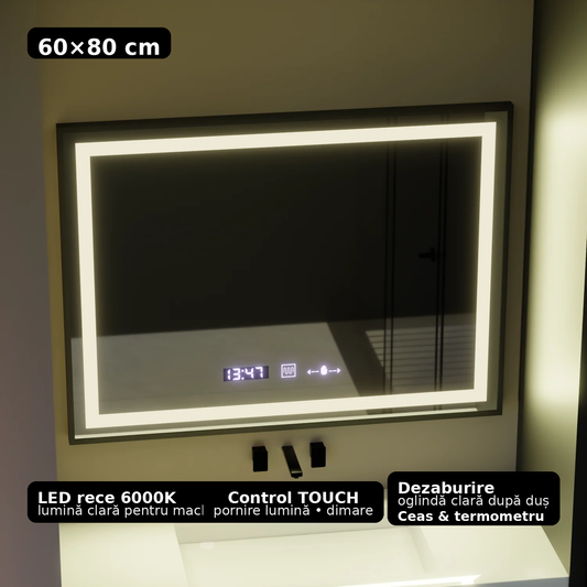 Oglinda LED Rectangulara, 80x60cm, Verite Majeste Noir Motion Glow Marcello, Sistem Dezaburire, Ceas & Termometru, Dimabila