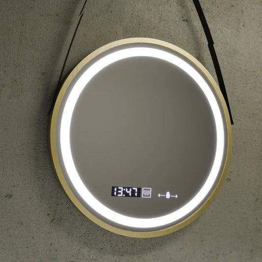 Oglinda LED Rotunda 60 Celeste Royale Gold Eleve MotionGlow Marcello, Curea Piele Ecologica, Sistem Dezaburire, Termometru si Ceas, Dimabila