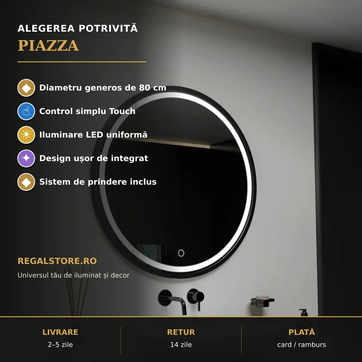 Oglindă LED Piazza 80 cm – beneficii
