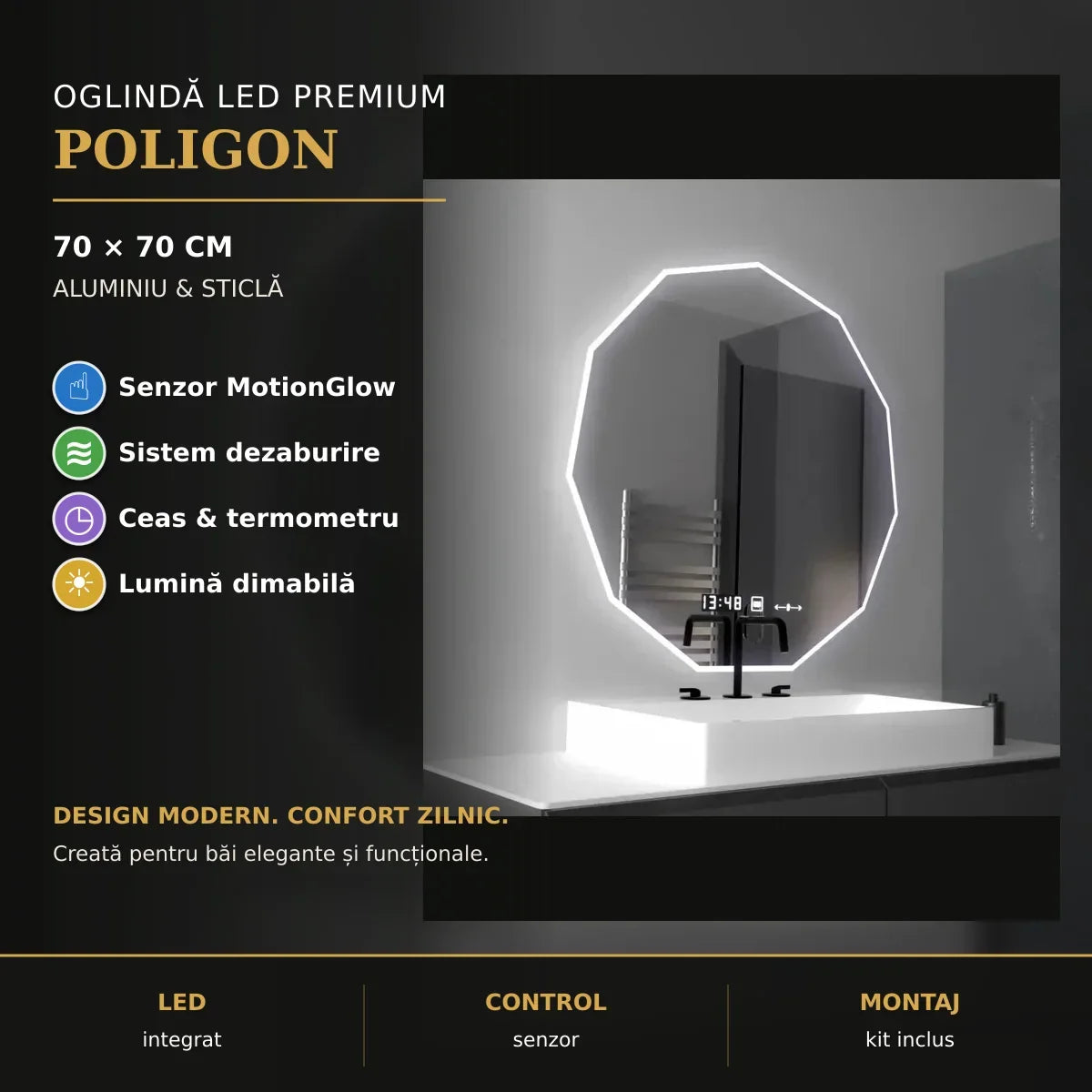 Oglindă LED Poligon 70 cm – prezentare premium