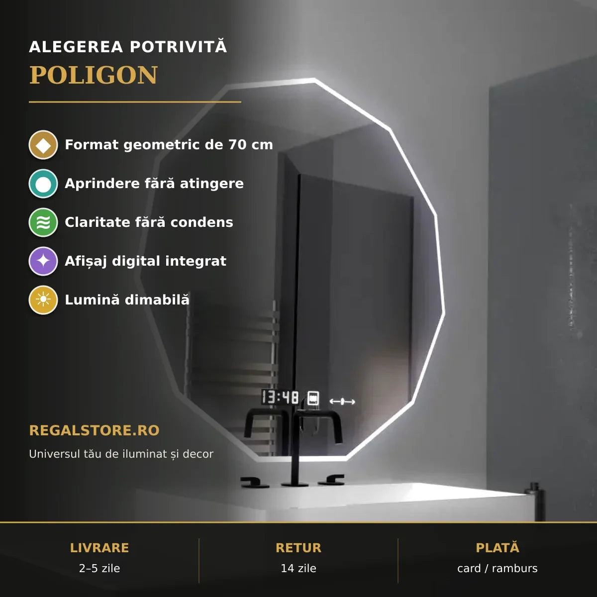 Oglindă LED Poligon 70 cm – beneficii