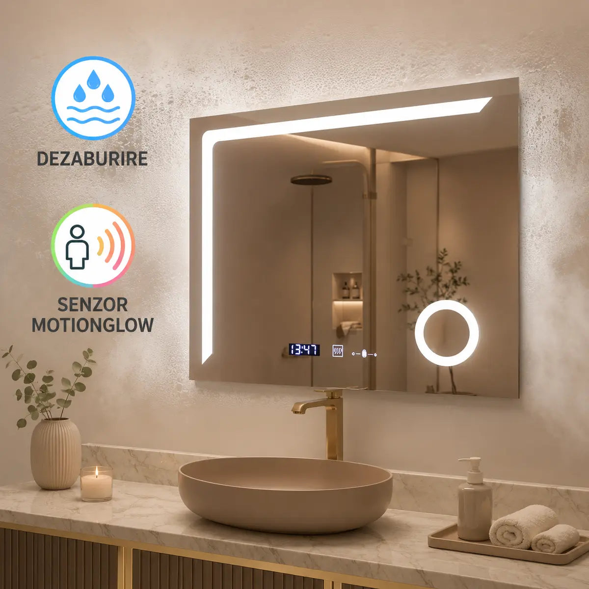 Oglindă LED Precision – dezaburire și senzor MotionGlow
